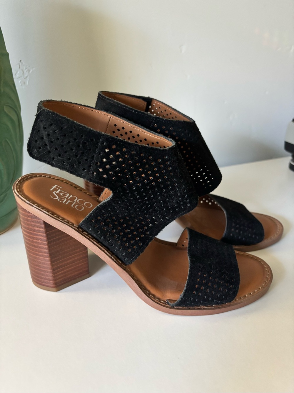 Franco Sarto Black Perforated Suede Block Heel Sandals